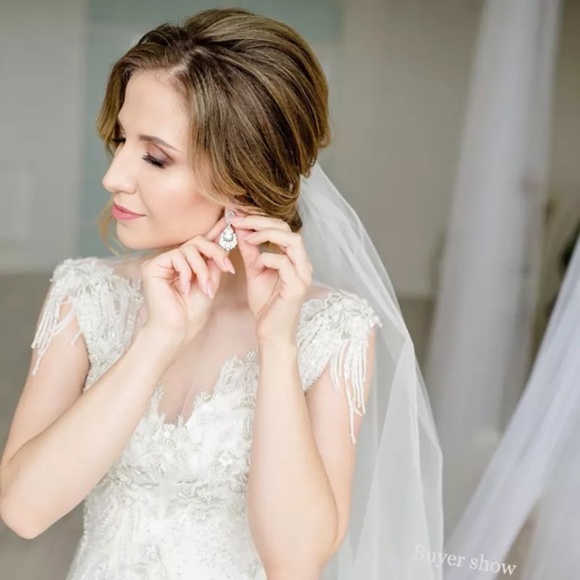 Blue Tear Drop Sapphire Crystal Silver Earrings - Picture 13 of 16